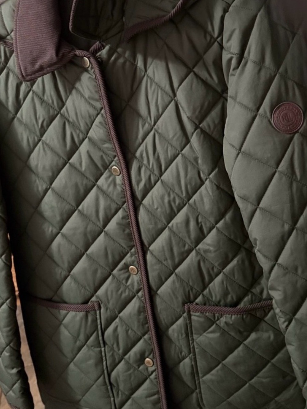 New! Lauren Ralph Lauren Quilted Olive Green Jacket with Brown Trim size M